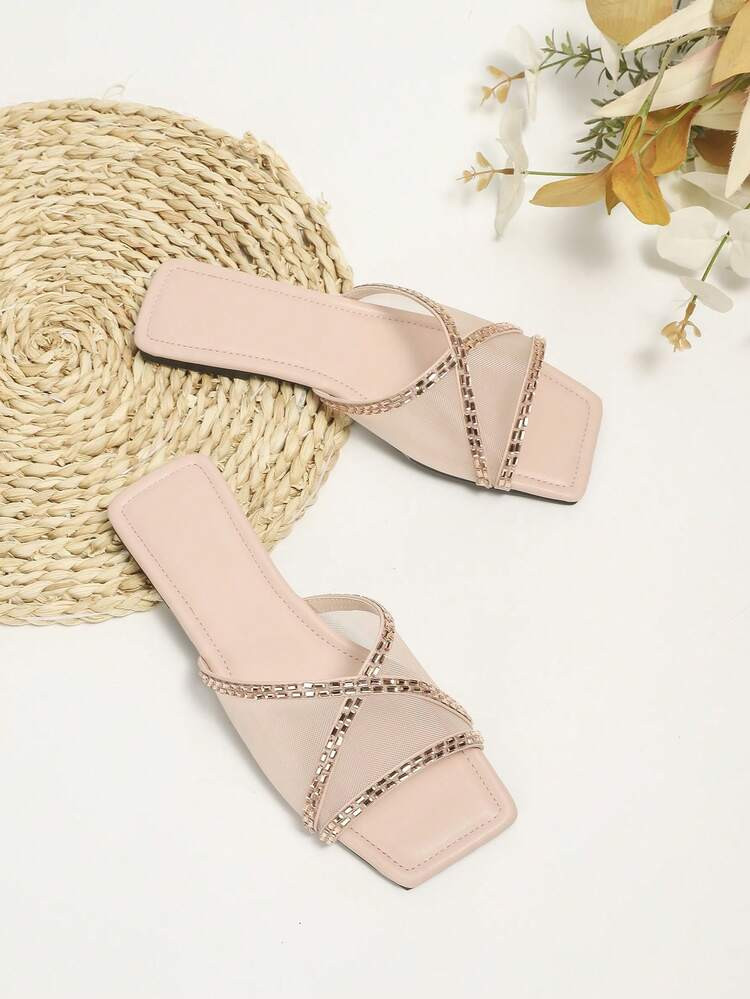Glamorous Pink Sandals For Women, Rhinestone Decor Mesh Panel Slide Sandals
       
             ... | SHEIN