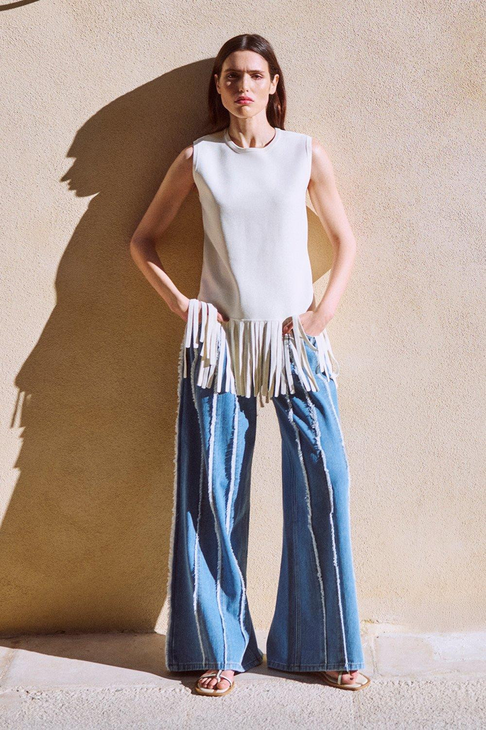 Denim Tassel Detail Wide Leg Jeans | Karen Millen US
