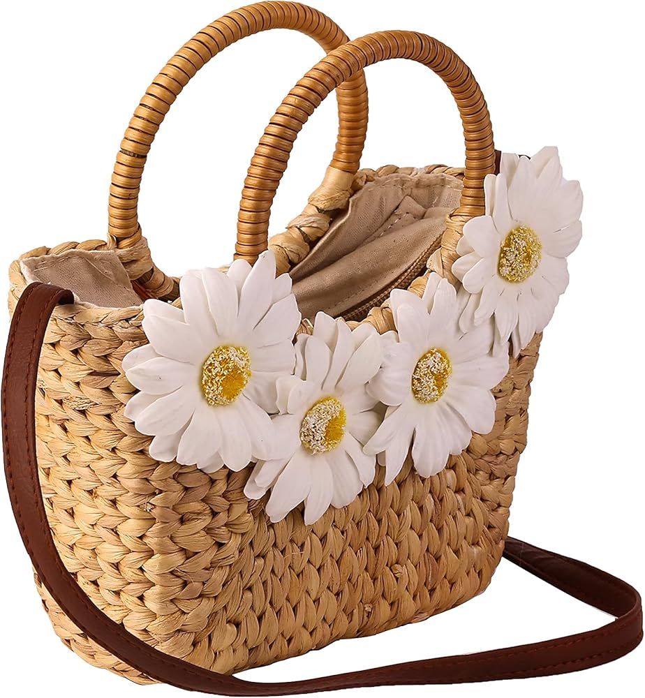 100% Handmade Rattan Bag For Women - Travel Beach Handwoven Straw Tote Bag With Chrysanthemum Flower | Amazon (US)