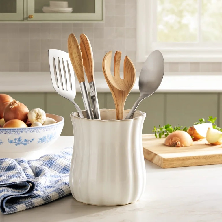 The Pioneer Woman White Colette Stoneware Kitchen Utensil Holder | Walmart (US)