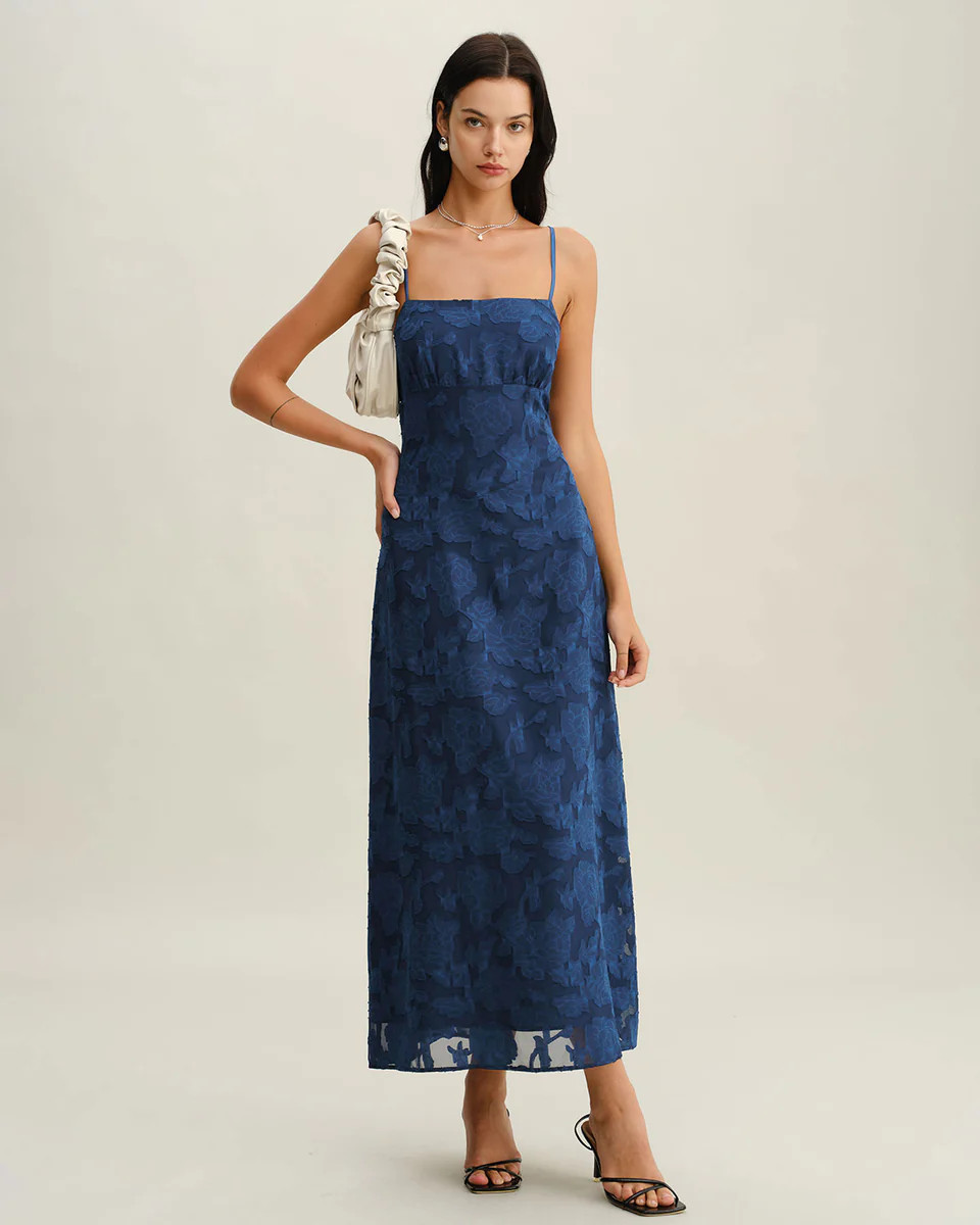 Navy Jacquard Slip Backless Maxi Dress | rihoas.com