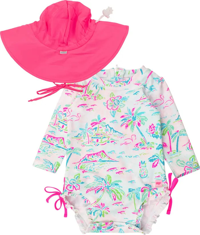 Tropical Resort One-Piece Rashguard Swimsuit & Hat Set | Nordstrom
