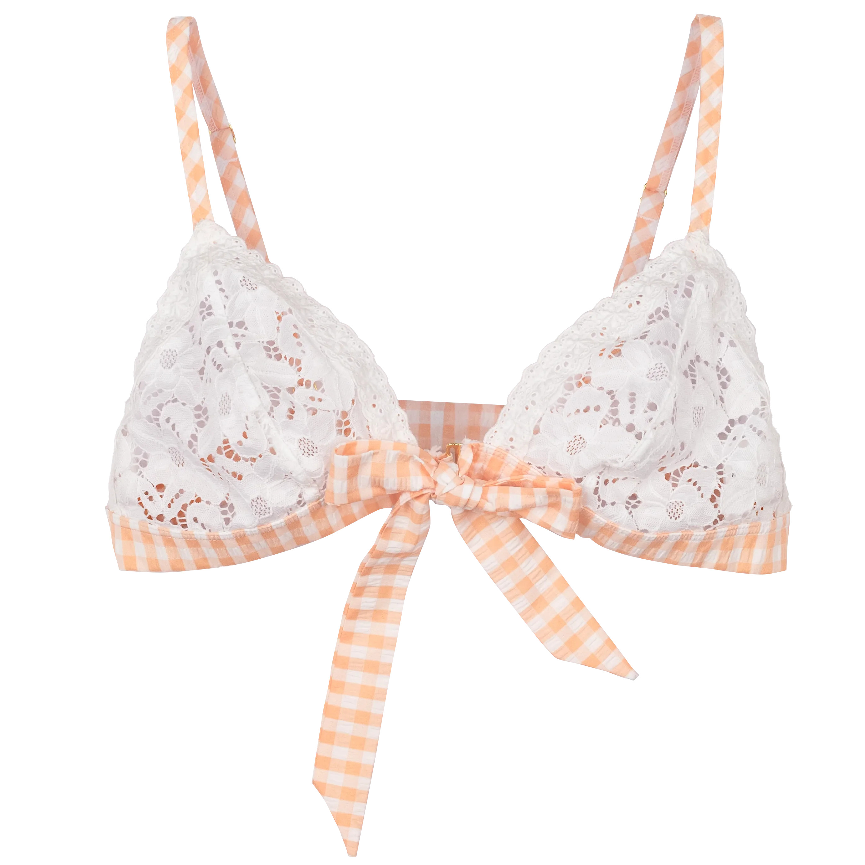 Gingham & Eyelet Lace Bow Bralette - Peach | Mentionables