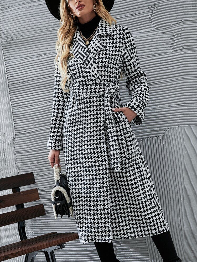 Houndstooth Print Lapel Neck Belted Tweed Overcoat | SHEIN