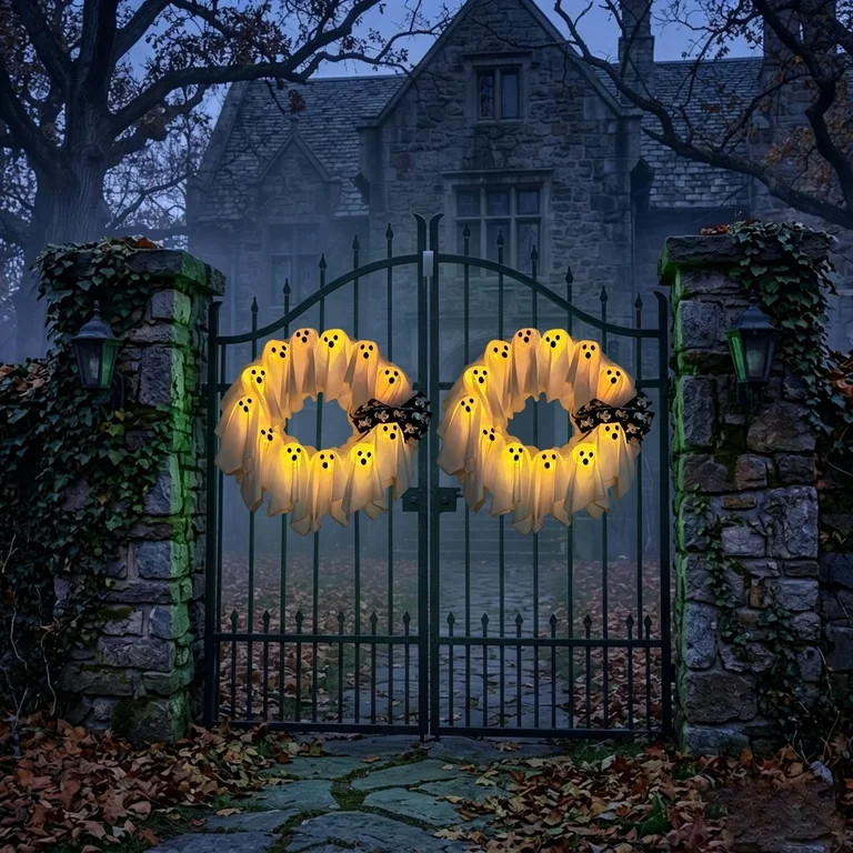 Halloween Ghost Wreath for Front Door\uff0c12 Glowing White Ghost Ribbon Wreath for Indoor & Outd... | Walmart (US)