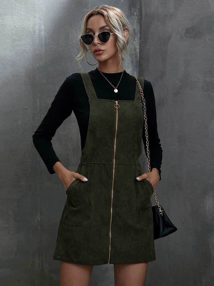 O-ring Zip Up Corduroy Overall Dress | SHEIN