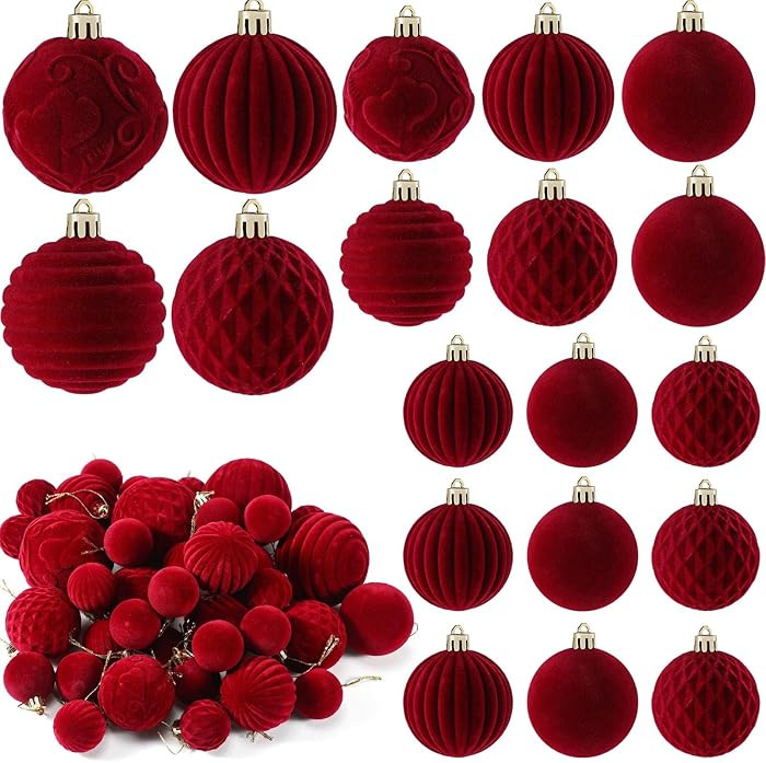 Hungdao 38 Pcs Velvet Christmas Ball Ornaments Sets Burgundy Flocked Christmas Tree Decorations w... | Amazon (US)