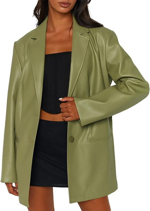 Womens Leather Jacket Long Sleeve Button Down Shacket Jacket Faux PU Leather Blazer Jackets Coat | Amazon (US)