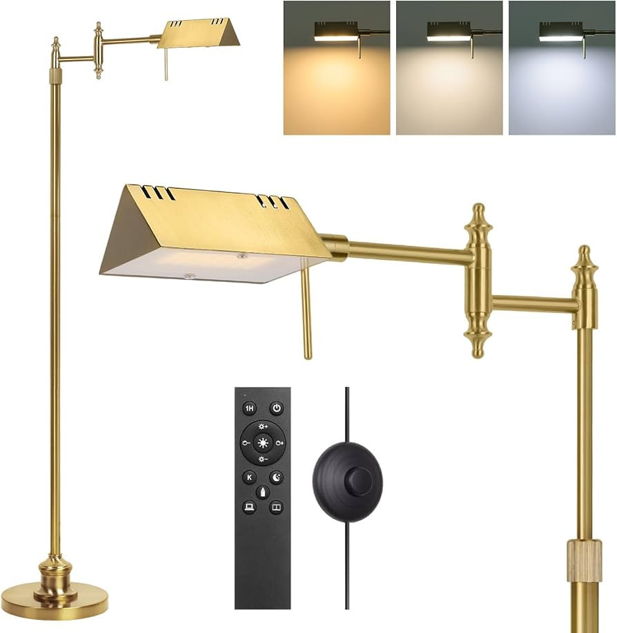 Dimmable Pharmacy Floor Lamp with Remote, 17W Gold LED Reading Floor Lamp with 360°Swing Arm, 3 ... | Amazon (US)