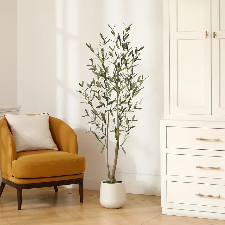 5ft Artificial Olive Tree in Large White Round Pot - Realistic Decorative Indoor Plant for Home a... | Walmart (US)