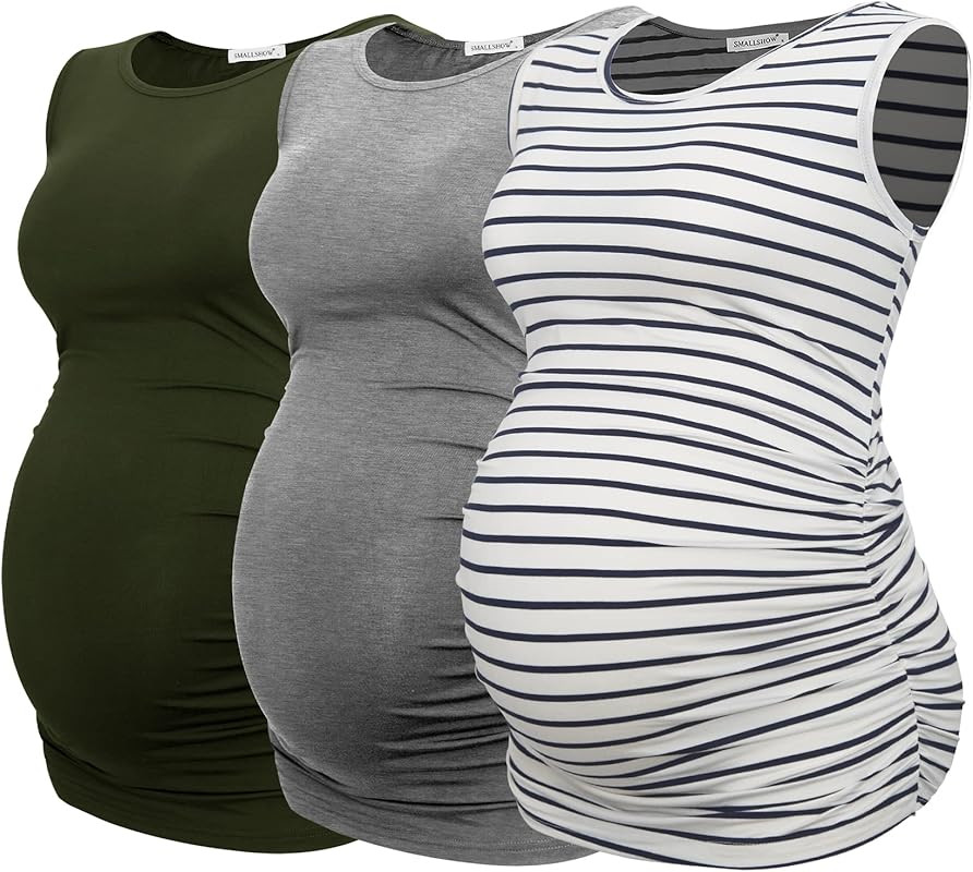 Smallshow Women's Maternity Tank Tops Sleeveless Ruched Pregnancy Clothes 3-Pack | Amazon (US)