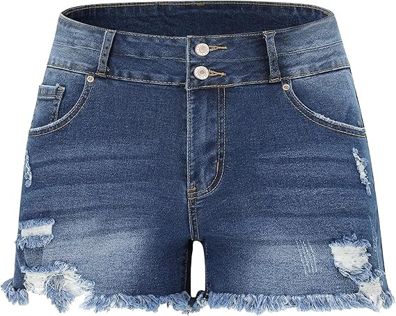 THUNDER STAR Women Mid Rise Ripped Stretchy Jeans Shorts Frayed Raw Hem Casual Denim Shorts | Amazon (US)