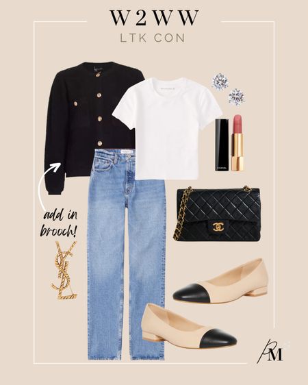 line & dot khloe cardigan 
abercrombie essential baby tee
abercrombie ultra high waist denim
steve madden ballet flats
chanel handbag 
ysl gold brooch 

#LTKCon #LTKstyletip #LTKshoecrush