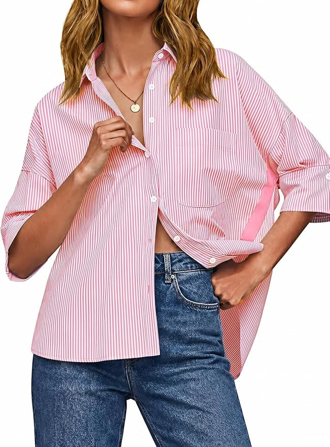Cicy Bell Womens Summer Oversized Button Down Shirts Half Sleeve V Neck Business Casual High Low ... | Amazon (US)