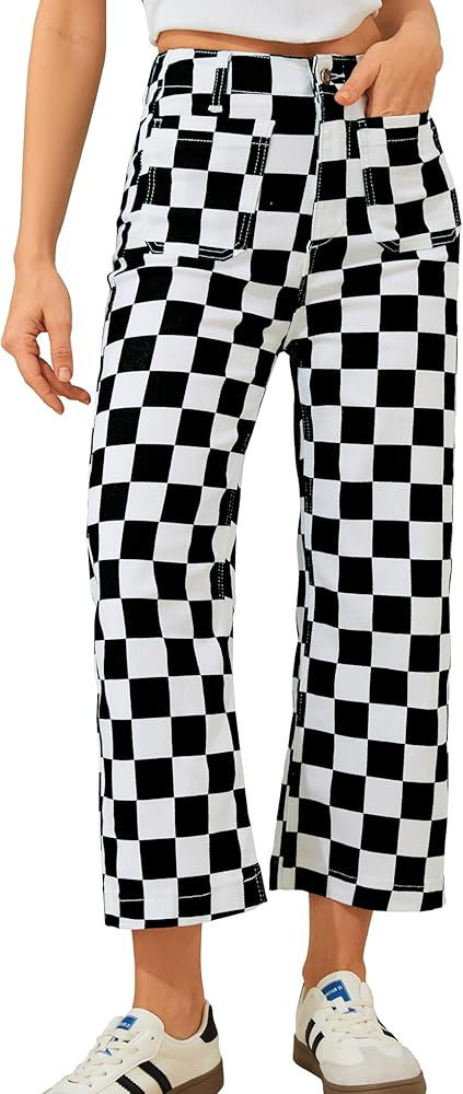 Odefou Cropped Jeans for Women Checkered Pants Casual High Waisted Stretchy Straight Leg Trousers... | Amazon (US)