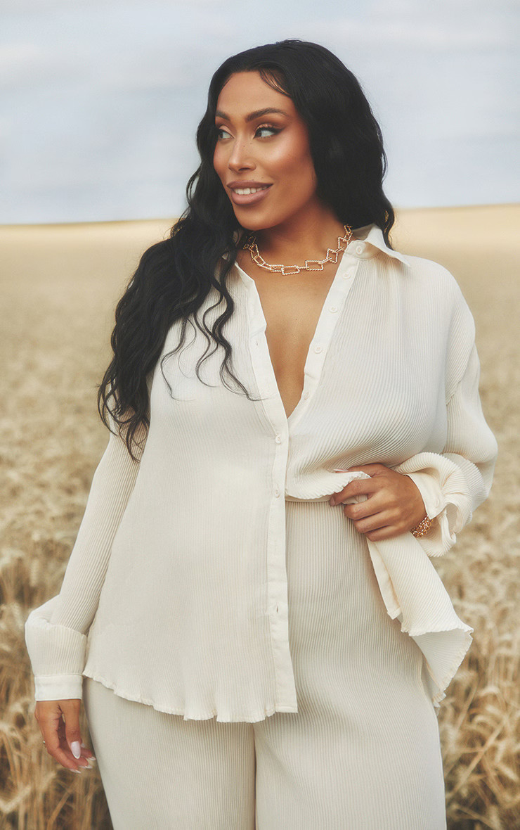 Maternity Cream Plisse Oversized Cuff Detail Shirt | PrettyLittleThing US