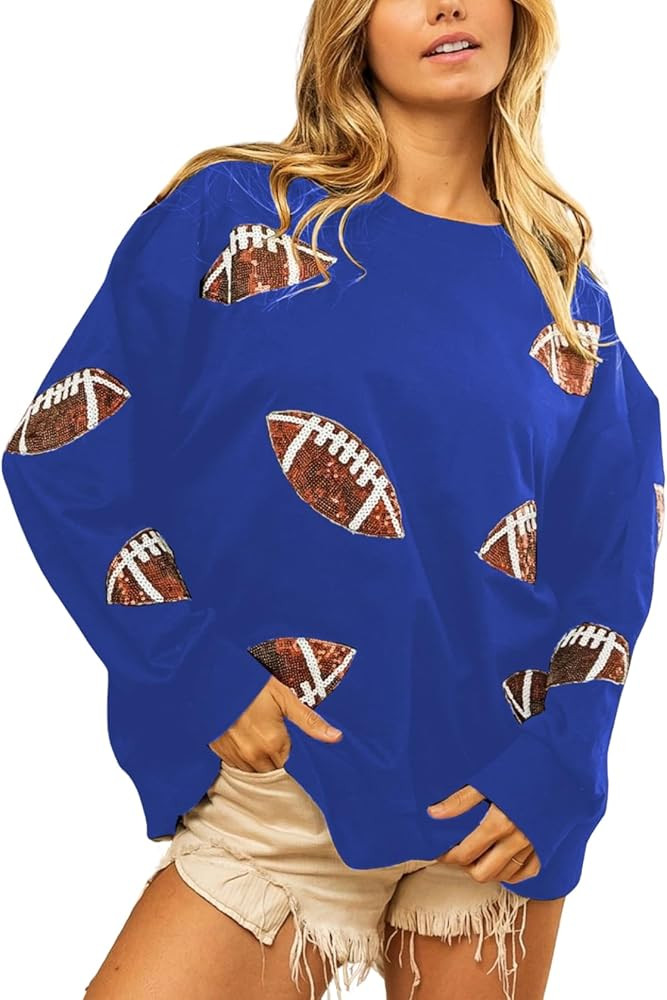 Womens Sparkle Football Sequin Rugby Sweatshirt Game Day Y2K Crewneck Oversized Shirt Long Sleeve... | Amazon (US)