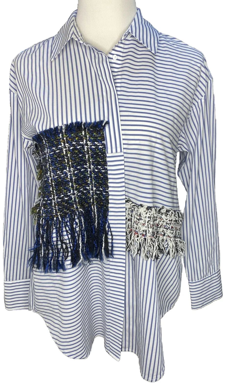 Zara blue & white striped contrast tweed long sleeved button down shirt XS  | eBay | eBay US