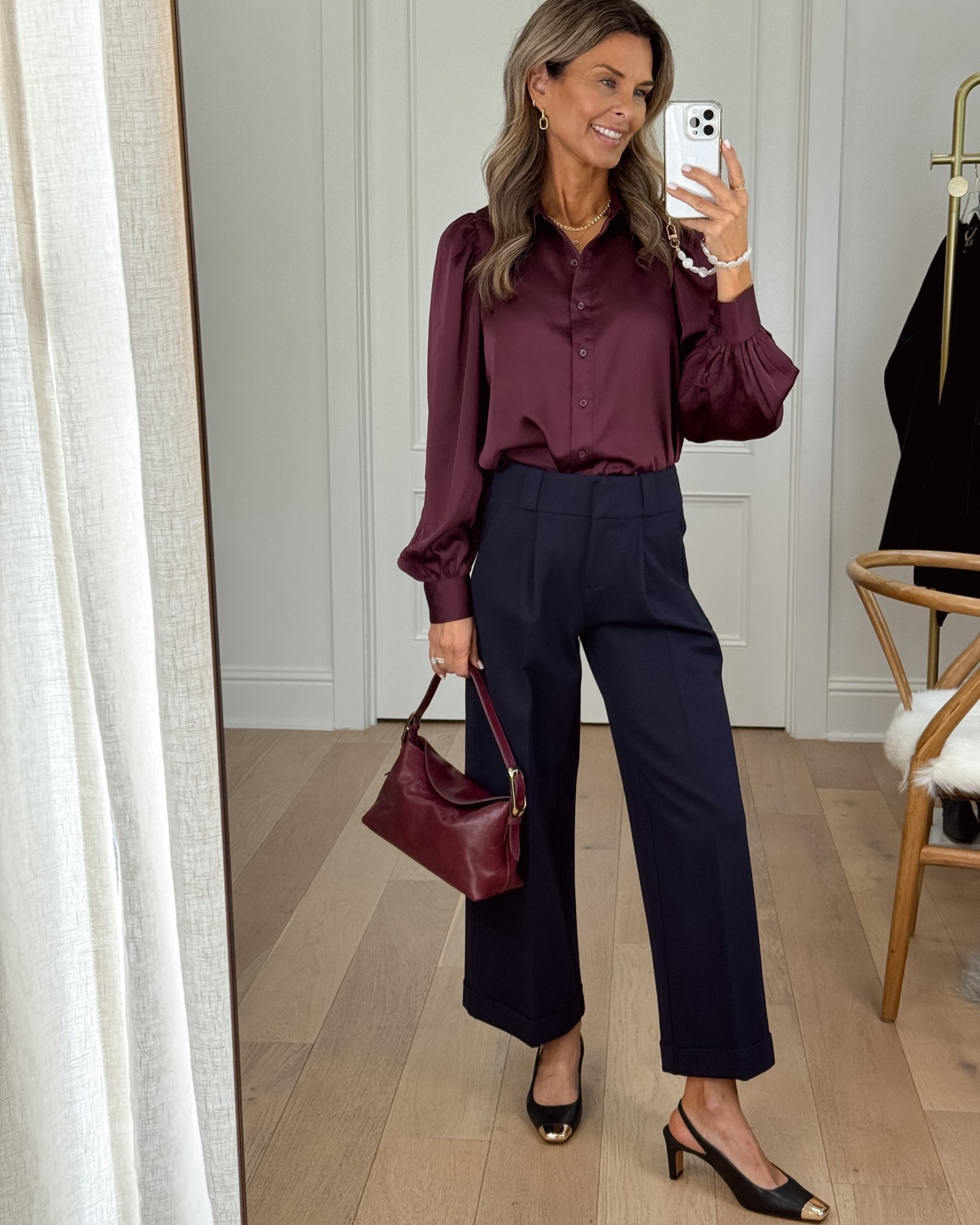 -Ann Taylor Blouse 40% off. Beautiful! 
-Classic Six pants that have impeccable quality! Discount code Tammy10
-burgundy bag
-Heels TTS 



#LTKStyleTip #LTKOver40 #LTKHoliday