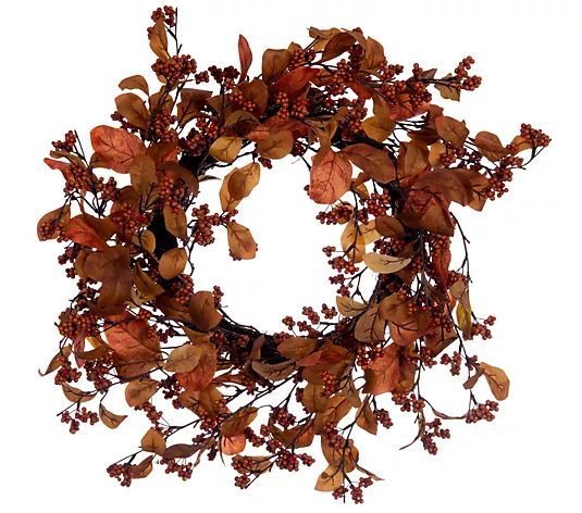 Vickerman 22" Orange Fall Leaves and Berry Wreath - QVC.com | QVC