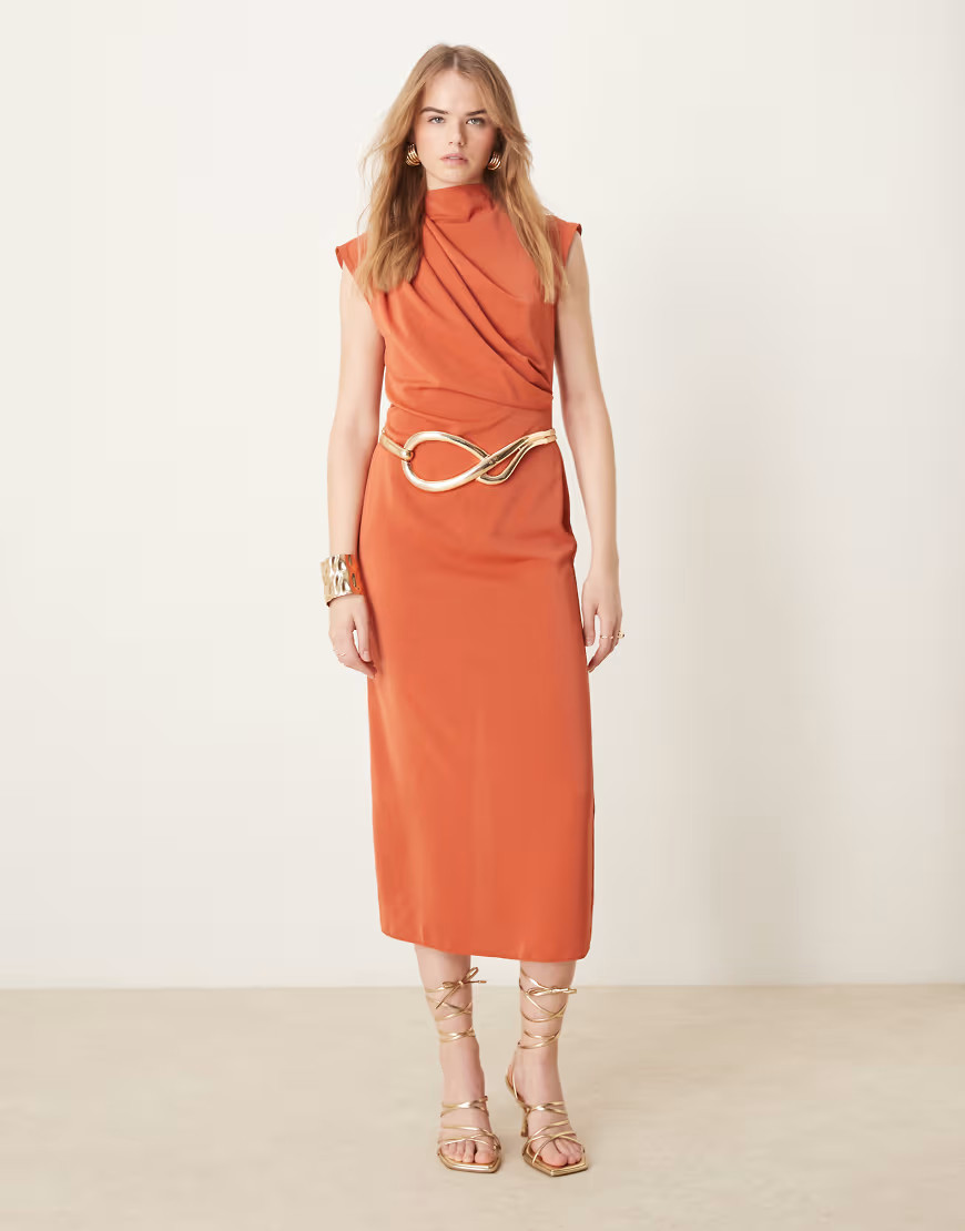 ASOS DESIGN high neck sleeveless midi dress with draped neck in rust-Brown | ASOS (Global)