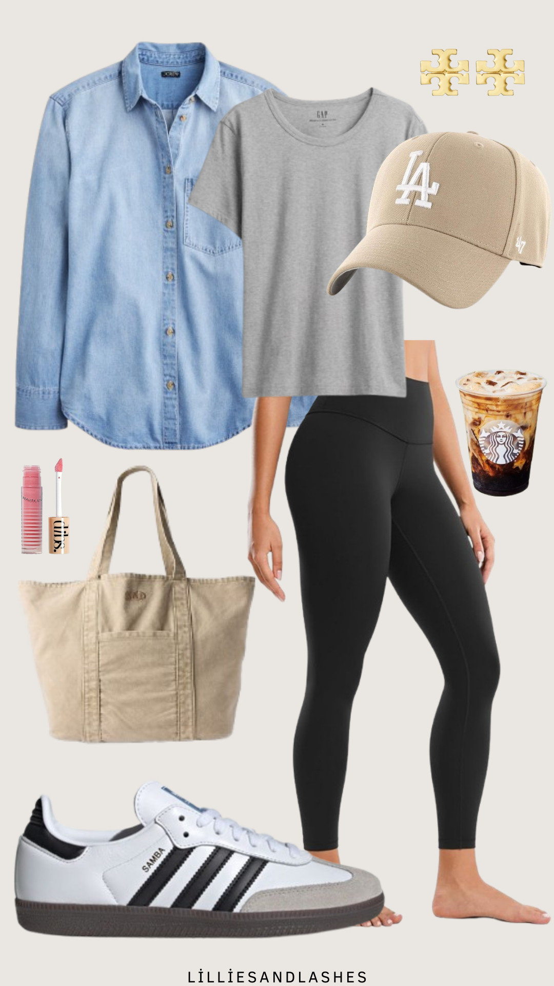 Spring Transition Outfit Idea: chambray button down, black leggings, gap gray tee, gap tote bag, adidas sneakers 

 

#LTKFindsUnder50 #LTKFindsUnder100 #LTKShoeCrush