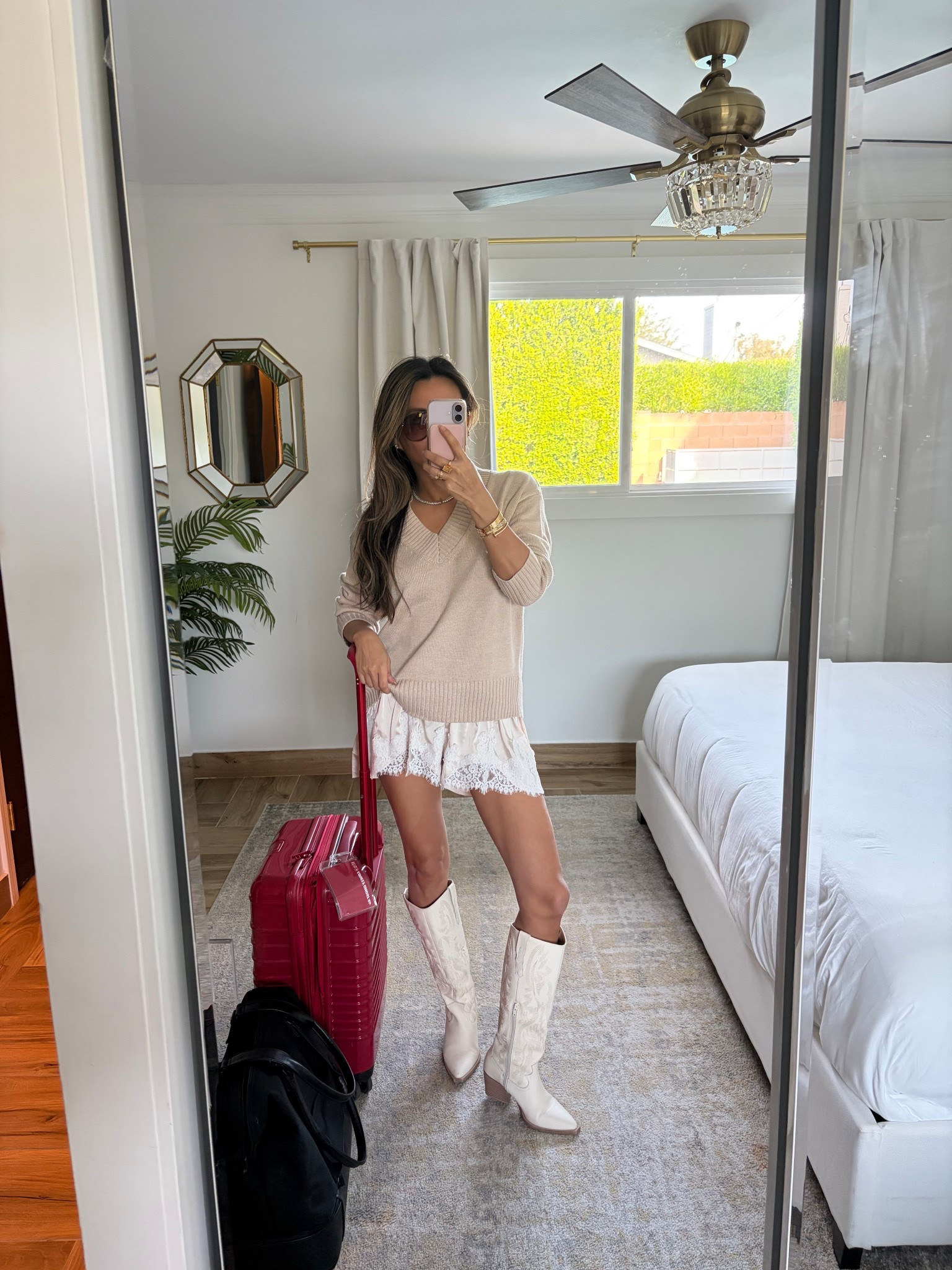 Satin shorts with cashmere blend v neck sweater. Size small Amazon fit. Cowboy boots. Fav luggage 

#LTKFindsUnder100 #LTKgrwm