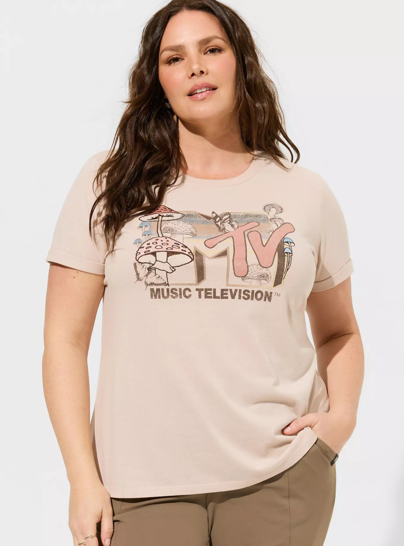 MTV Classic Fit Cotton Roll Sleeve Embroidered Tee | Torrid (US & Canada)