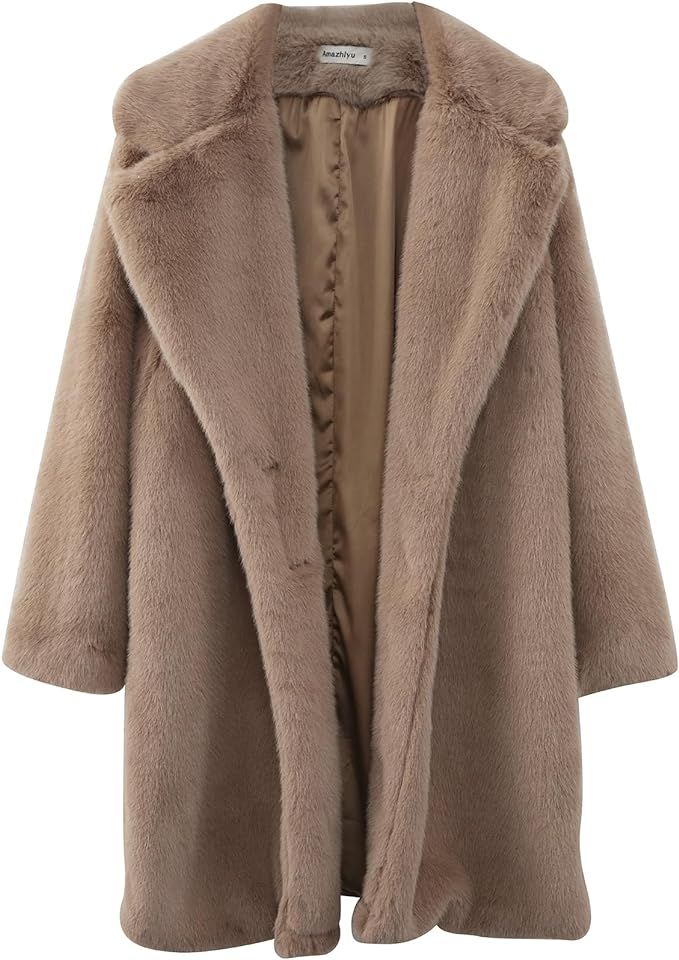 Amazhiyu Womens Faux Fur Longline Duster Coat Long Sleeve Winter Lapel Overcoat | Amazon (US)