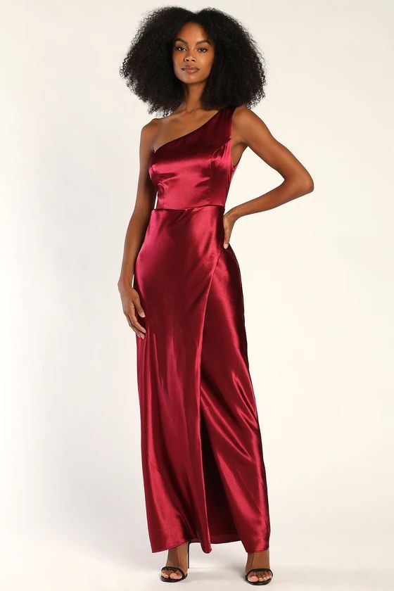 Alluring Arrival Wine Red Satin One Shoulder Maxi Dress | Lulus (US)