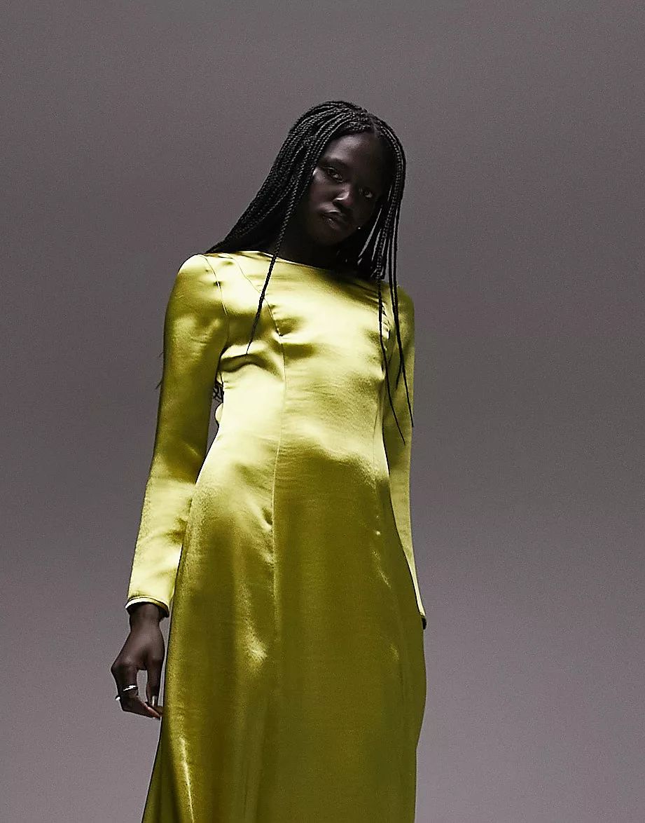 Topshop open back long sleeve satin occasion maxi dress in chartreuse | ASOS (Global)
