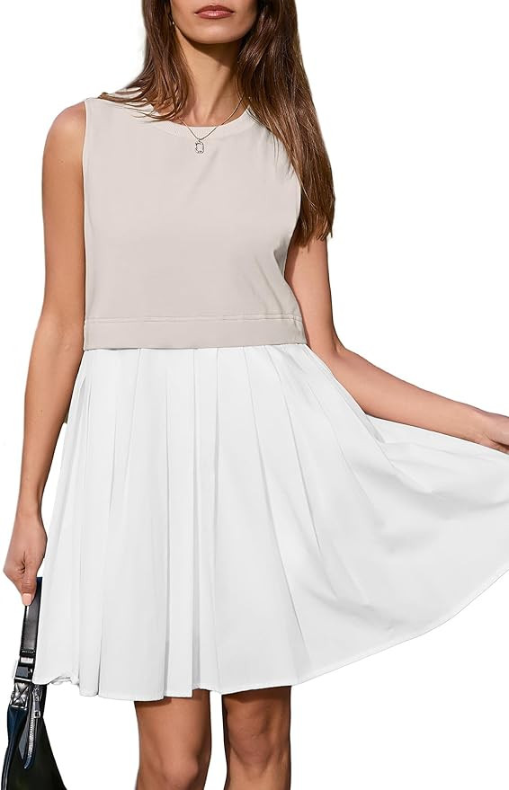 BerryGo Womens Summer Sweatshirt Dresses Sleeveless Casual Patchwork Flowy Pleated A Line Swing M... | Amazon (US)