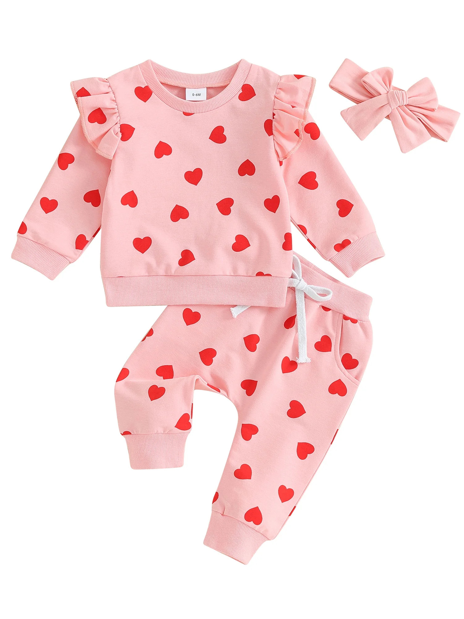 3Pcs Toddler Baby Girl Valentine's Day Clothes Heart Print Long Sleeve Sweatshirt + Pants + Headb... | Walmart (US)