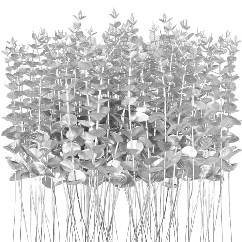 TGANNYOCR 96 Pcs Silver Eucalyptus Stems Faux Leaves Bulk Artificial Eucalyptus Stems with 15inch for Xmas branchs Decor Wedding Bouquet Centerpiece Home Decoration | Amazon (US)