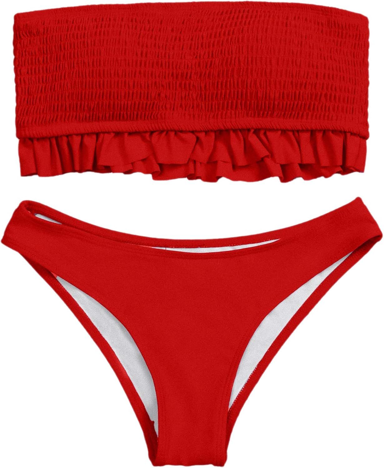 SweatyRocks Women's Sexy Bathing Suits Strapless Print Bandeau Bikini Swimwear Set | Amazon (US)