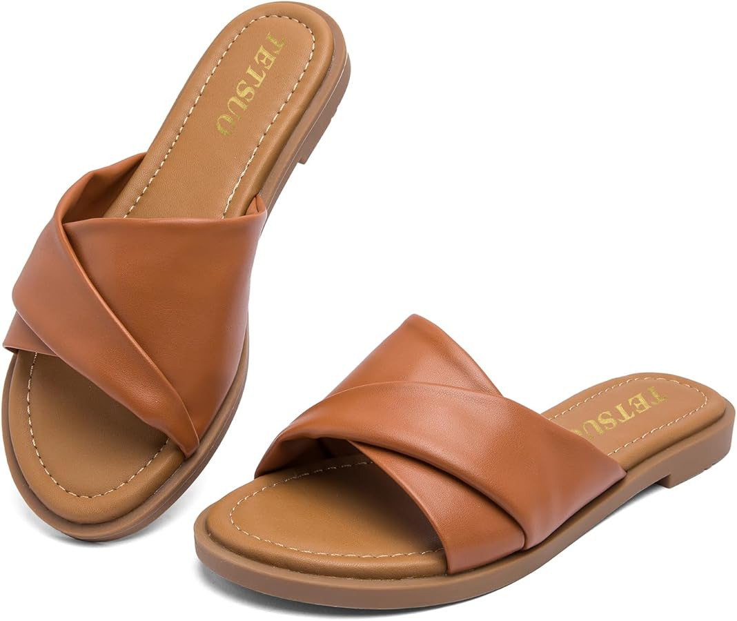 Womens Flat Sandals Open Toe Slip On Slides with Strap Slippers for Summer Slide Sandals | Amazon (CA)