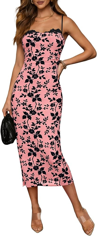 ANRABESS Women’s Semi Formal Midi Dress Flocked Floral Spaghetti Strap Bodycon Cocktail Wedding... | Amazon (US)
