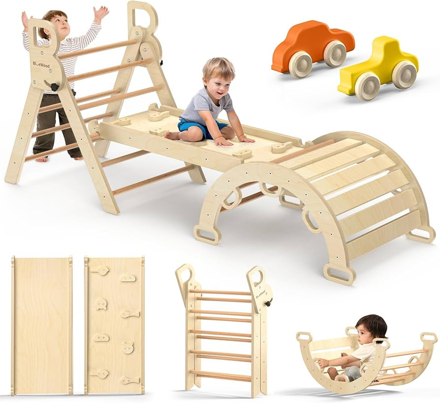 BlueWood Pikler Triangle Set 7-in-1 Foldable Baby Climbing Wooden Toys with Arch&Ramp&Ladder Clim... | Amazon (US)