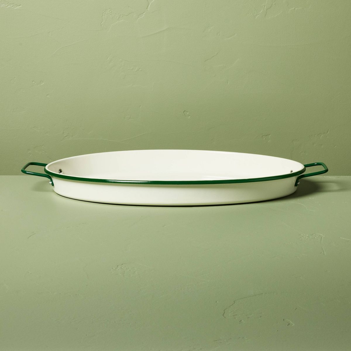 Enamel-Coated Metal Oval Serving Tray Cream/Green - Hearth & Hand™ with Magnolia | Target