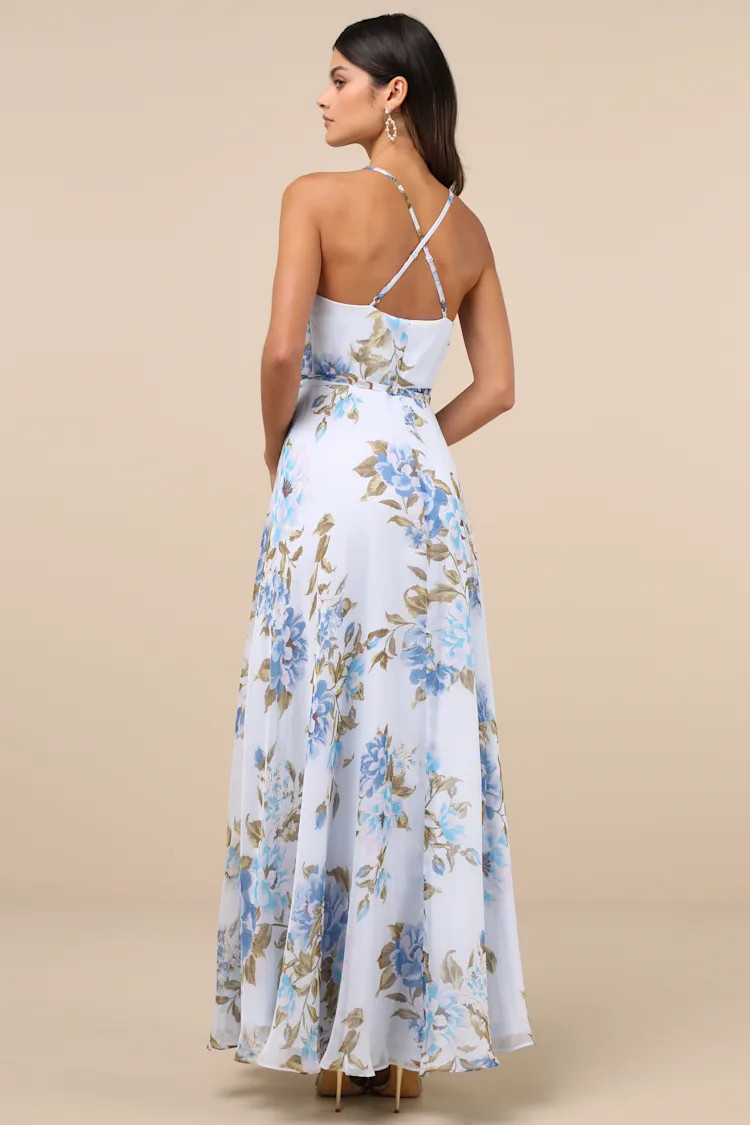 Oh-So Romantic Pale Blue Floral Print Sleeveless Wrap Maxi Dress | Lulus