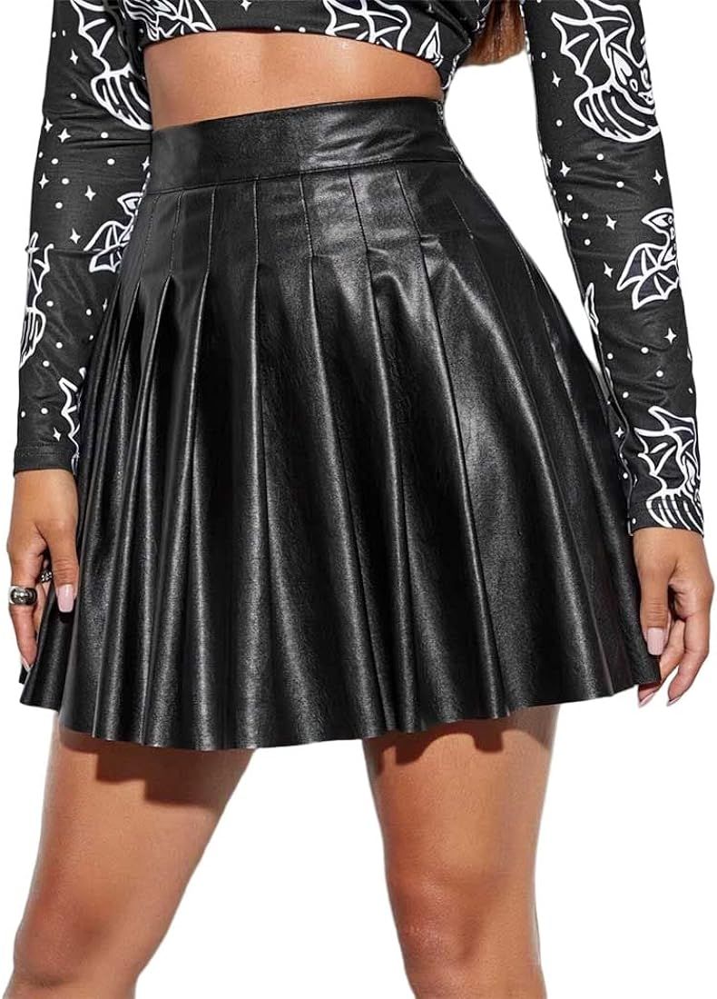 Zoestar Leather Skirt High Waist Mini Skirt Pleated Skirts Faux Leather Flared Skirt Party Club... | Amazon (US)