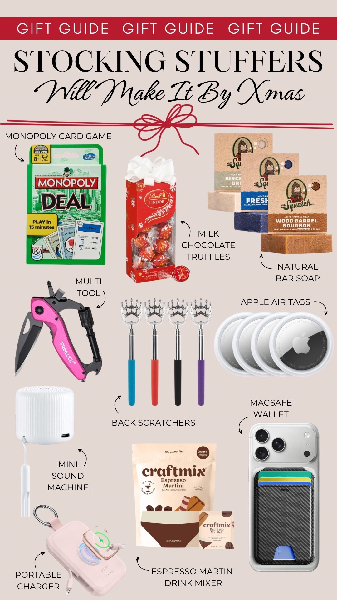 Socking stuffers that will arrive by Christmas include a Monopoly card game, milk chocolate truffles, natural bar soap, a multitool, back scratchers, Apple Air Tags, a mini sound machine, portable charger, espresso martini drink mixer, and a MagSafe wallet.

Gifts for her, gifts for him, gifts under 10, gifts under 25, stocking stuffers for men, stocking for women

#LTKHoliday #LTKFindsUnder50 #LTKGiftGuide