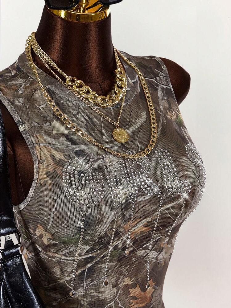 Amplova Women's Summer Branch Print Letter Rhinestone Sleeveless Cropped Top | SHEIN