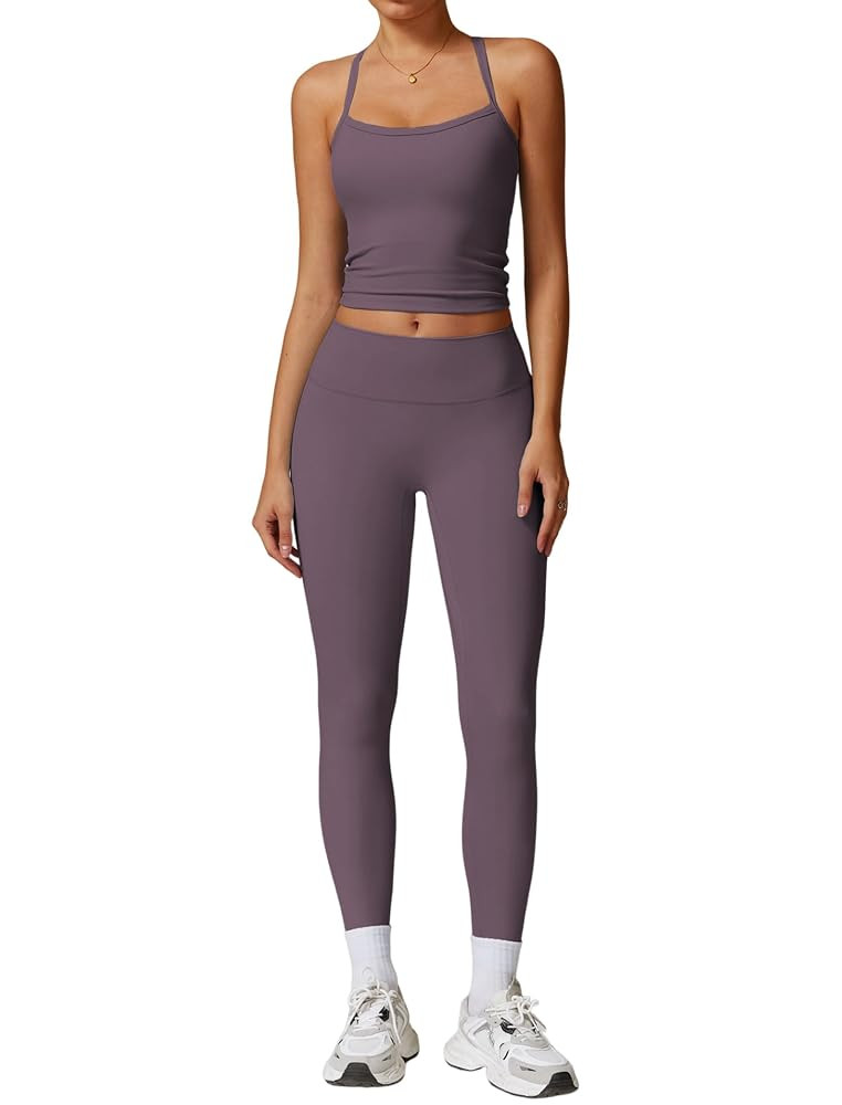 Womens Workout Sets Two Piece Cross Back Tank Top Matching High Waist Leggings Sets Gym Outfits W... | Amazon (US)