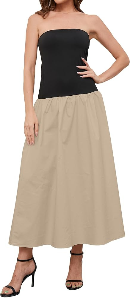 Women Summer Strapless Maxi Tube Dress Sleeveless Patchwork Off Shoulder Color Block Bandeau Swin... | Amazon (US)