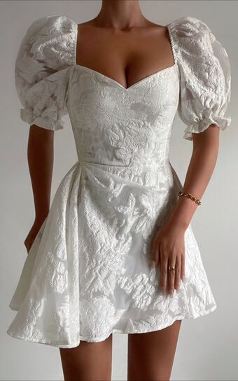 Brailey Mini Dress - Puff Sleeve Fit and Flare Dress in White | Showpo (US, UK & Europe)