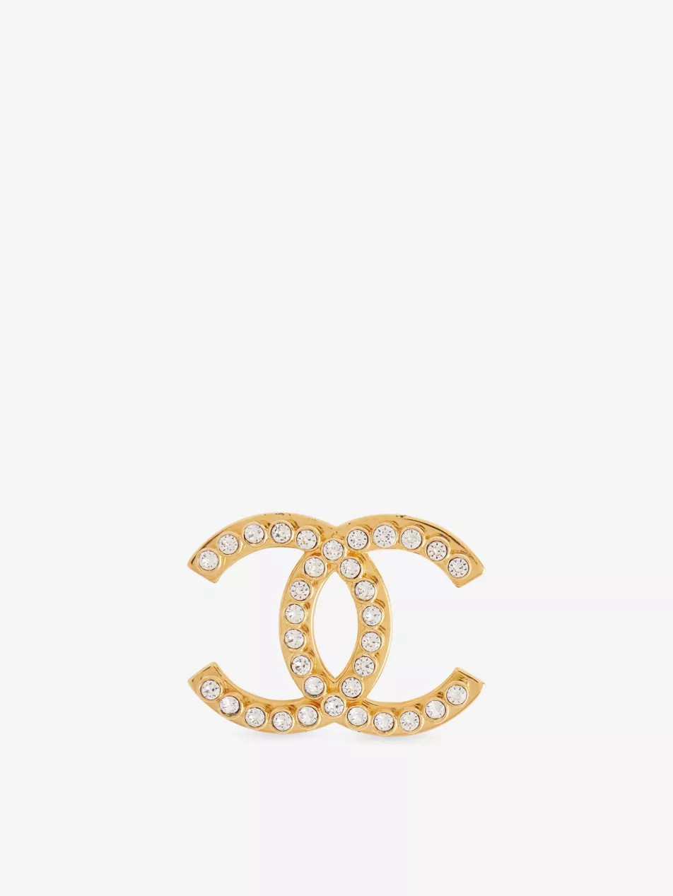 Pre-Loved Chanel Gold-Plated CC Rhinestone Brooch | Selfridges