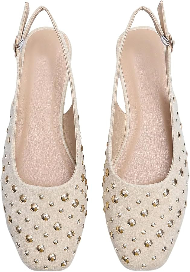 Women's Studded Slingback Flats Closed Toe Low Heel Ballet Flats Casual Party Cap Toe Dressy Shoe... | Amazon (US)