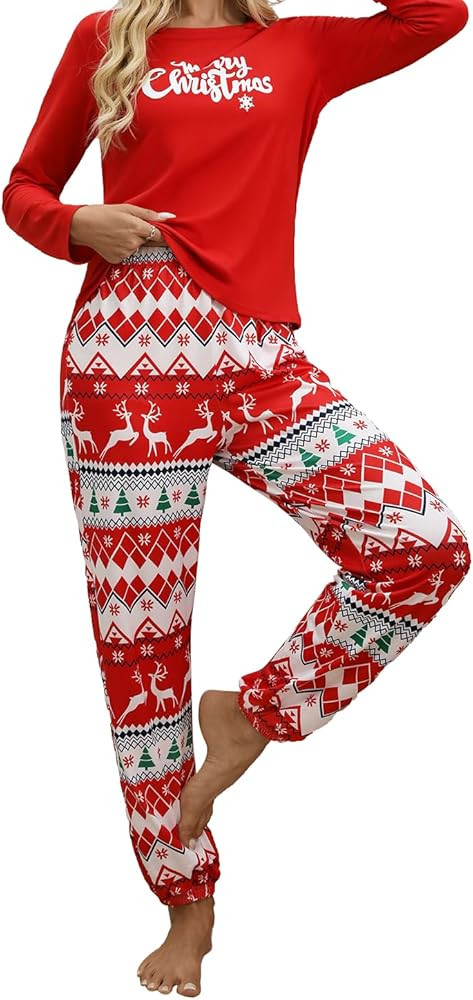 Christmas Pajama Set for Women Holiday Matching Pjs with Long Sleeve Print Tops and Soft Pants Sl... | Amazon (US)