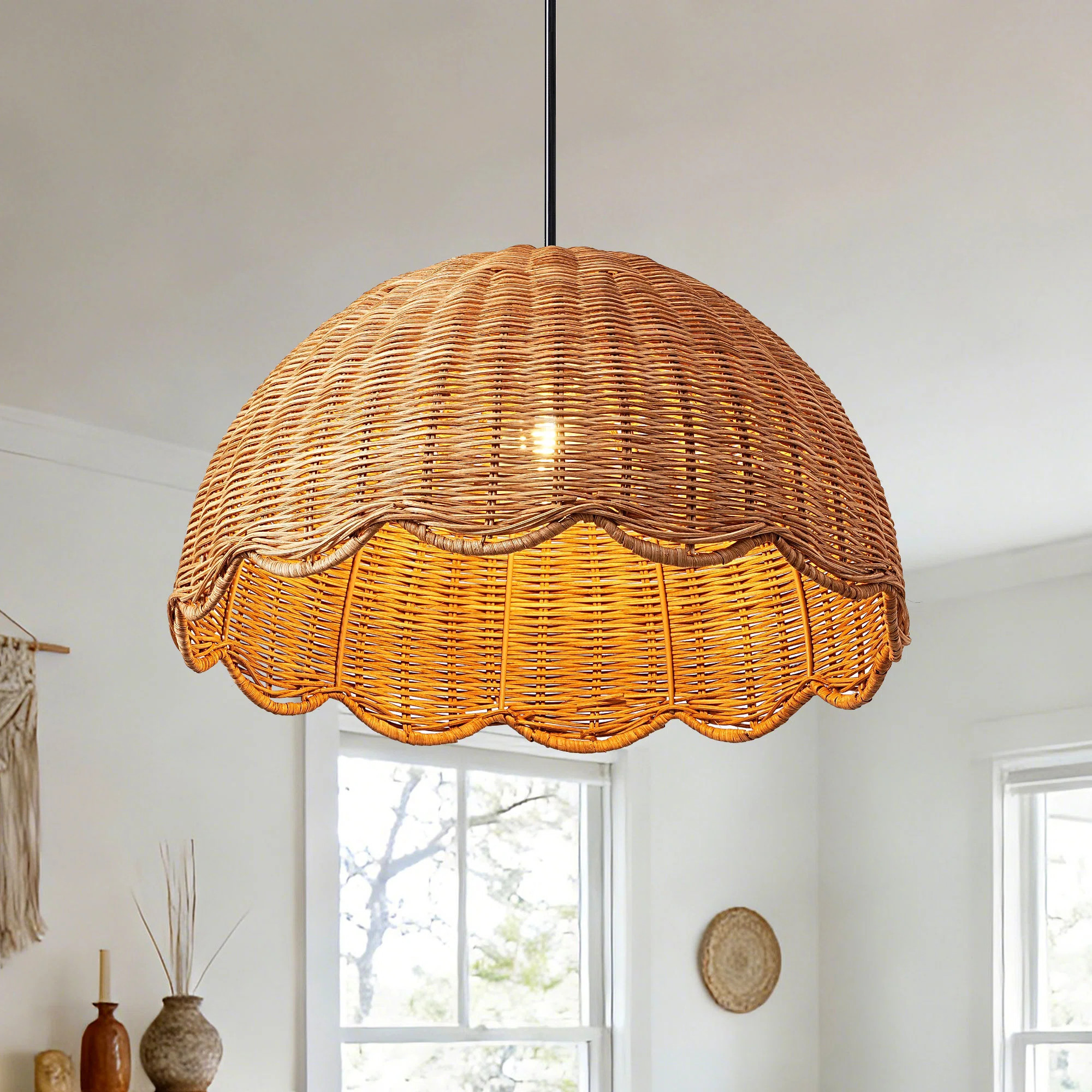 15.7" Rattan Pendant Light With Scalloped Edge, Natural Wicker Hanging Lamp For Kitchen Island & ... | Wayfair North America
